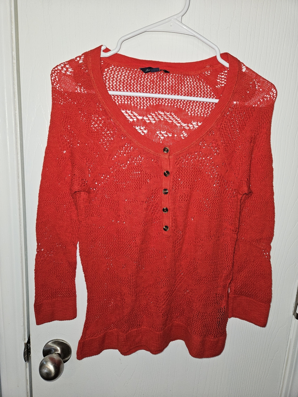 American Eagle Outfitters Red Knit Button-Front 3/4  Sleeve Top